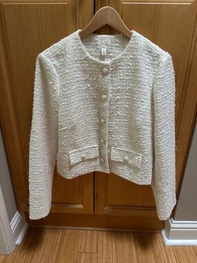 H&M White Tweed Cropped Jacket Pearl Buttons Bouclé Blazer M